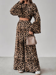 2 Pieces Leopard Print Bell Sleeve Copped Tops & Wide Legs Pants Matching Set