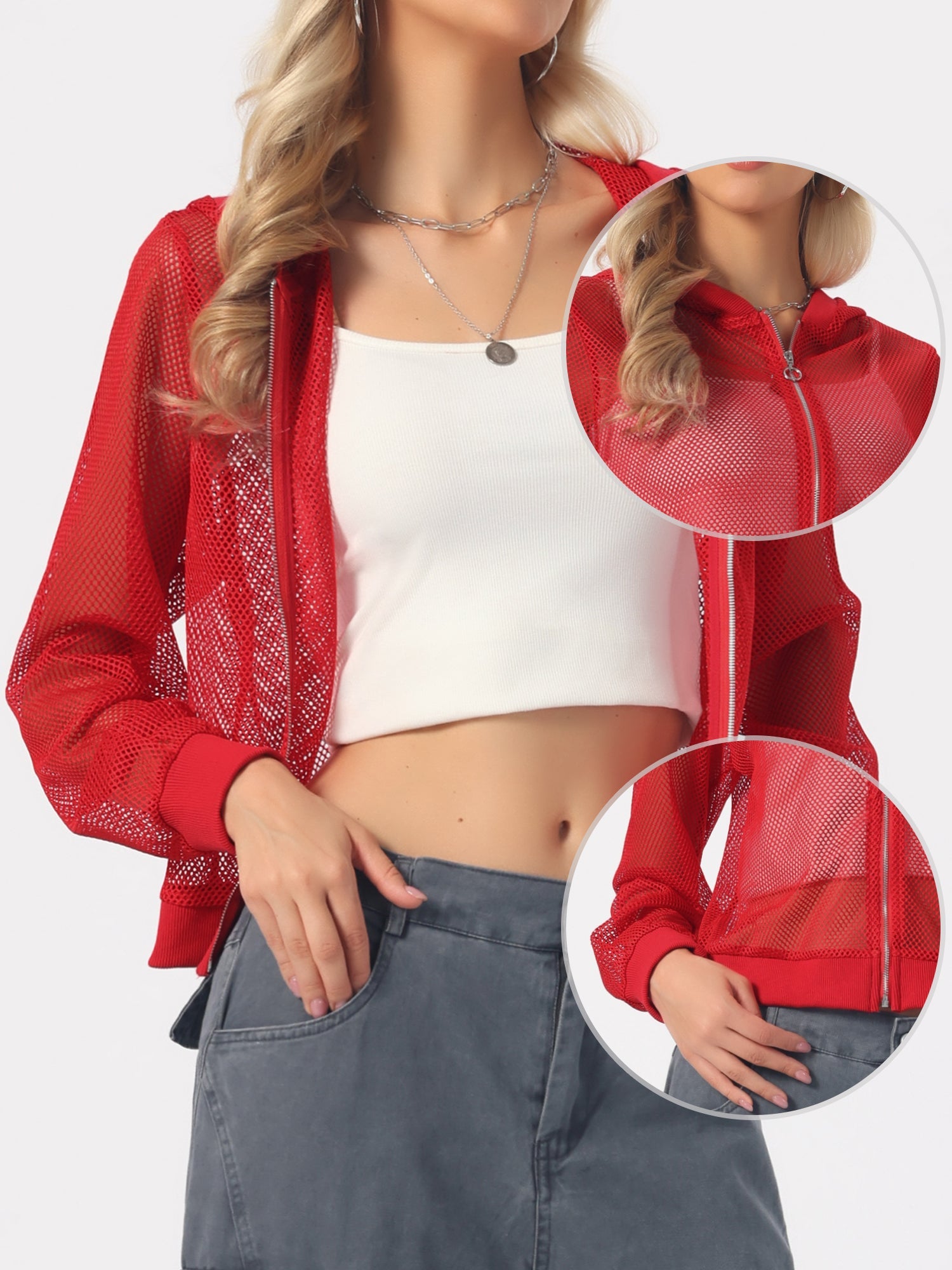 Zip Up Long Sleeve Mesh Sheer Hoodie Bomber Jackets