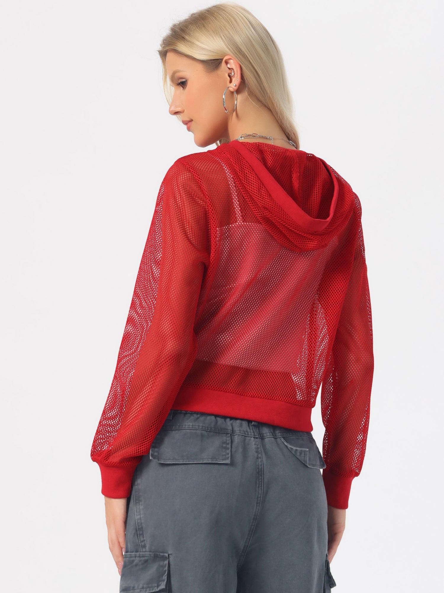 Zip Up Long Sleeve Mesh Sheer Hoodie Bomber Jackets
