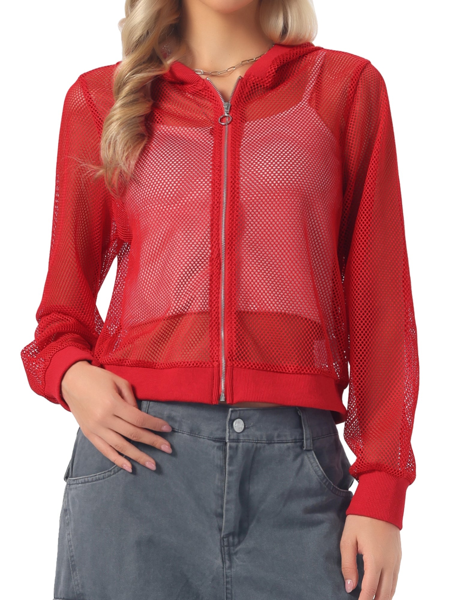 Zip Up Long Sleeve Mesh Sheer Hoodie Bomber Jackets