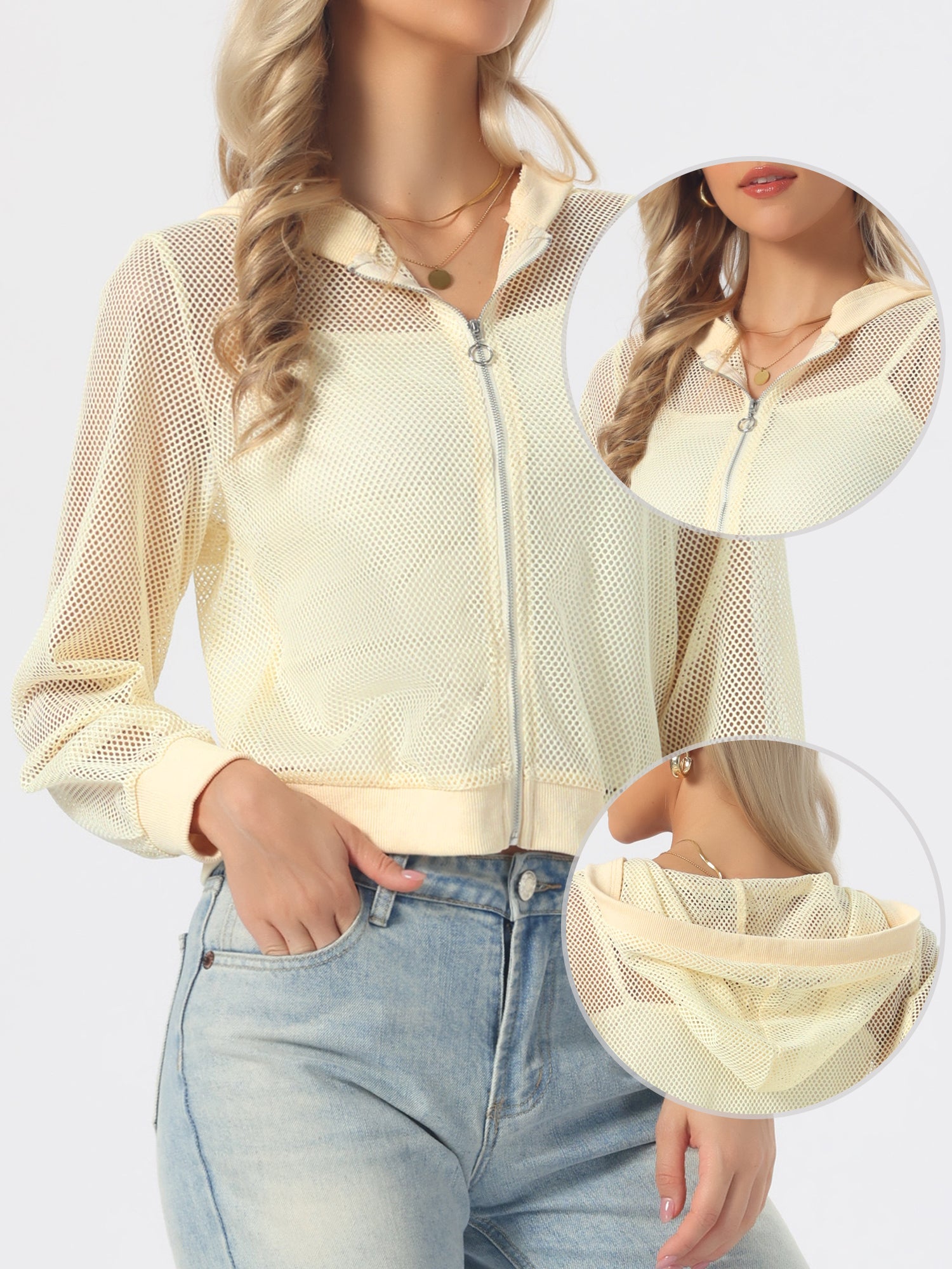 Zip Up Long Sleeve Mesh Sheer Hoodie Bomber Jackets