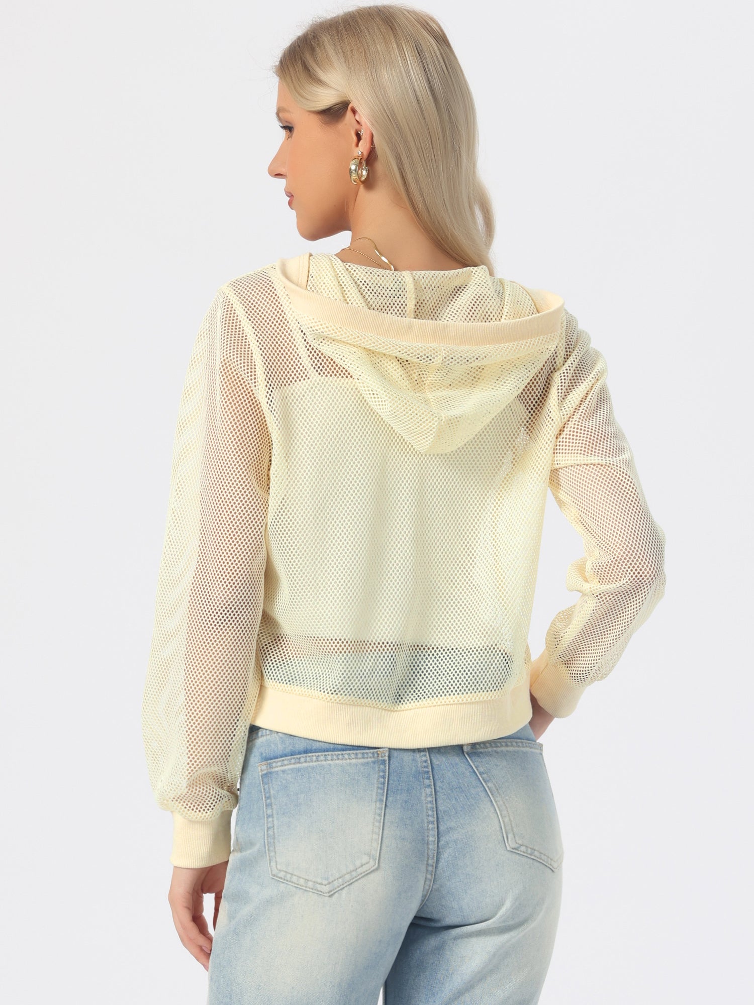 Zip Up Long Sleeve Mesh Sheer Hoodie Bomber Jackets