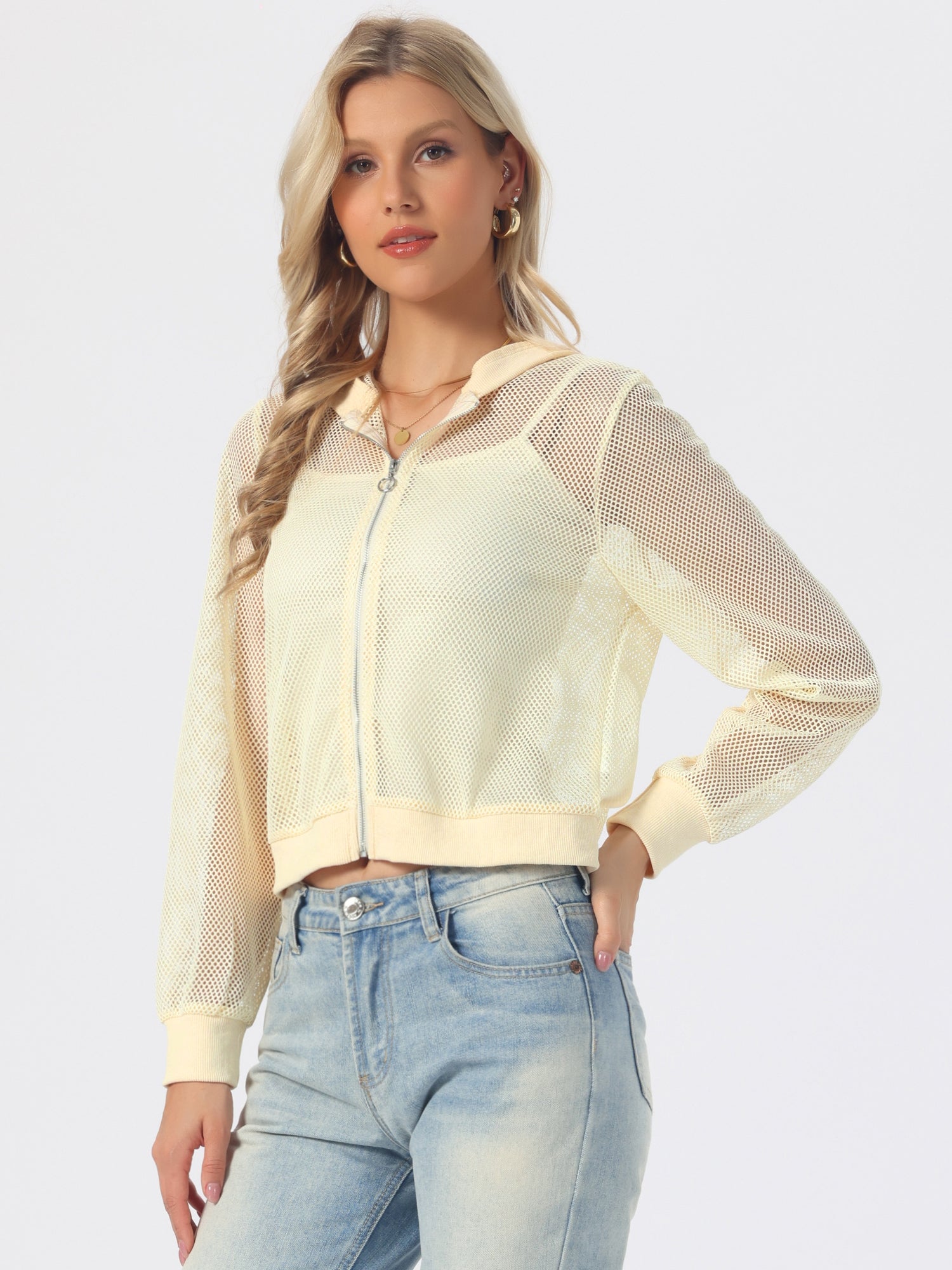 Zip Up Long Sleeve Mesh Sheer Hoodie Bomber Jackets