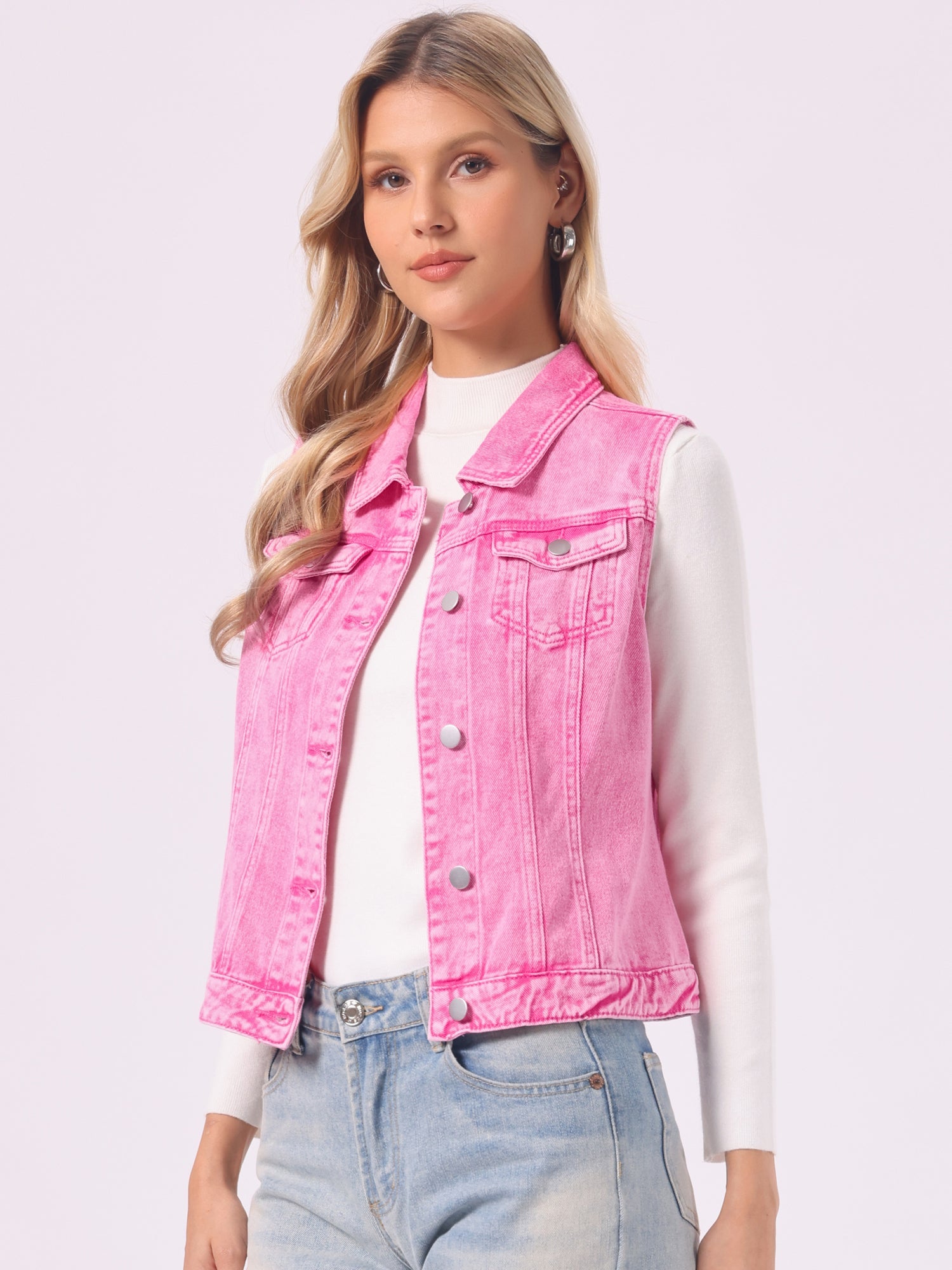 Flap Pocket Washed Buttoned Denim Jacket Vest