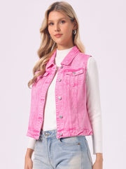 Flap Pocket Washed Buttoned Denim Jacket Vest