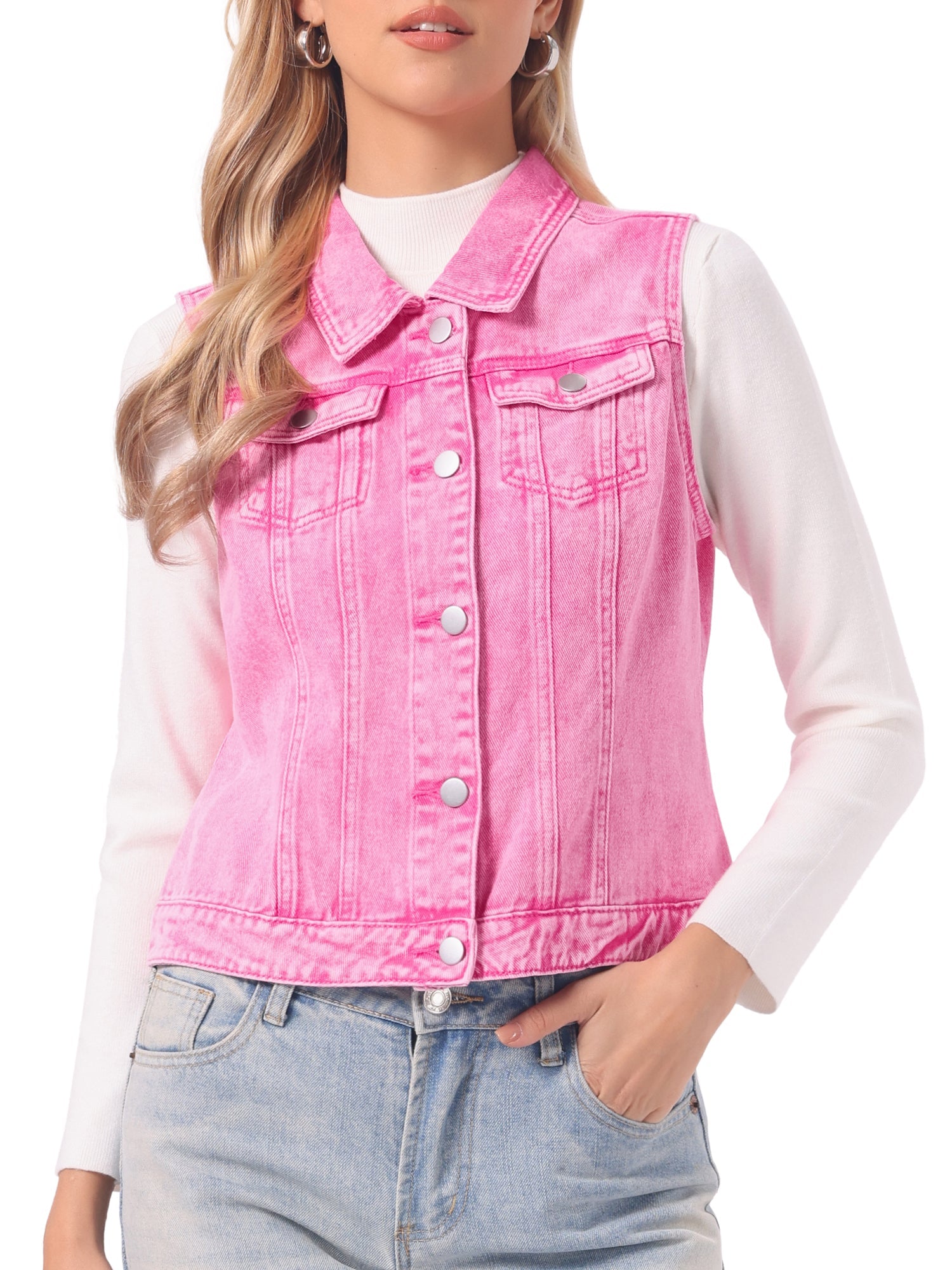 Flap Pocket Washed Buttoned Denim Jacket Vest