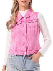 Flap Pocket Washed Buttoned Denim Jacket Vest