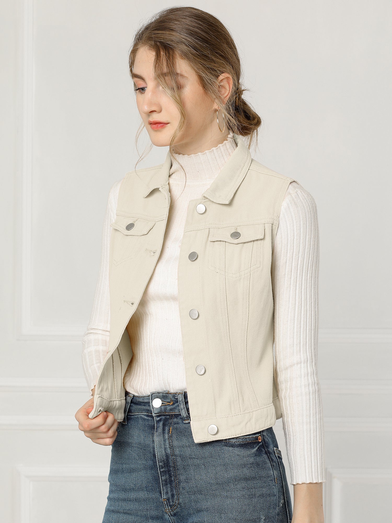 Flap Pocket Washed Buttoned Denim Jacket Vest