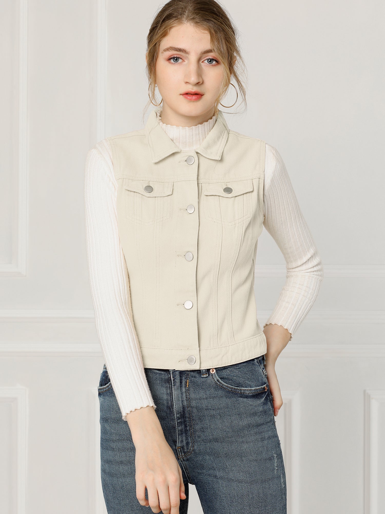 Flap Pocket Washed Buttoned Denim Jacket Vest