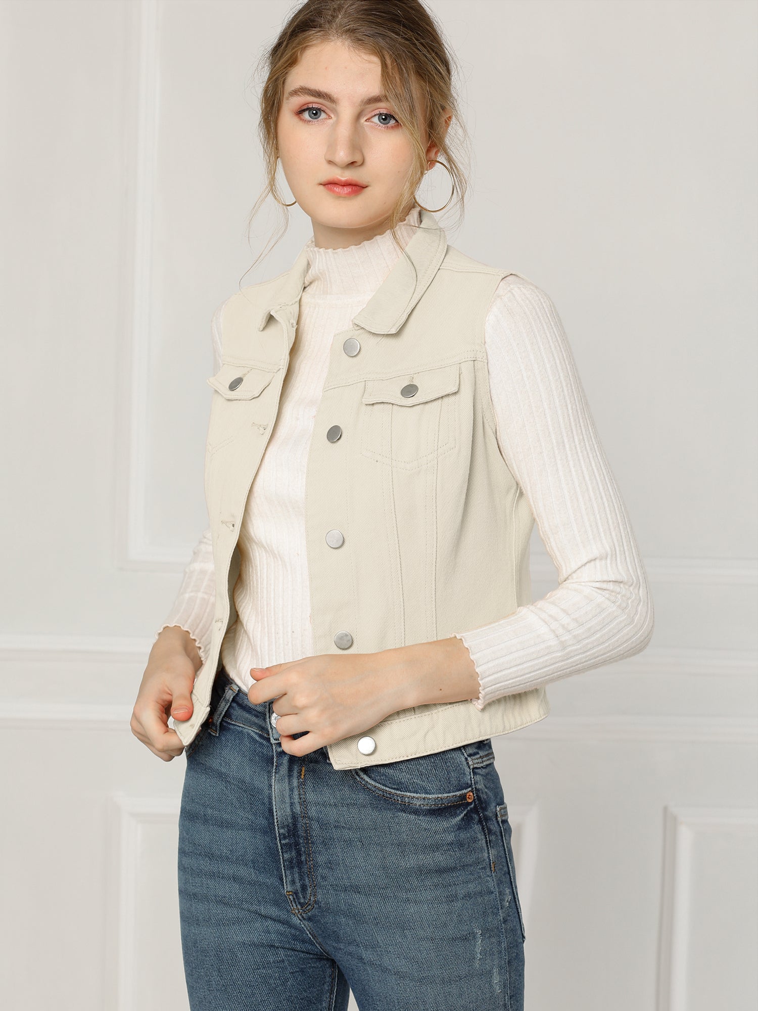 Flap Pocket Washed Buttoned Denim Jacket Vest