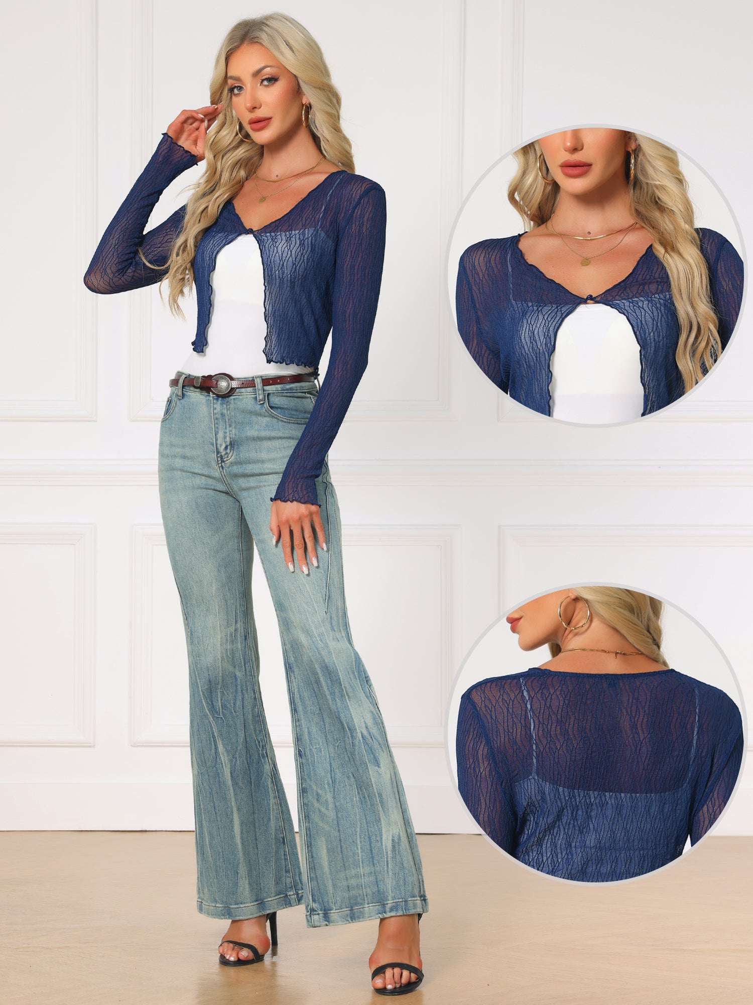 Long Sleeves Lightweight Sheer Textured Cropped Bolero Shrug