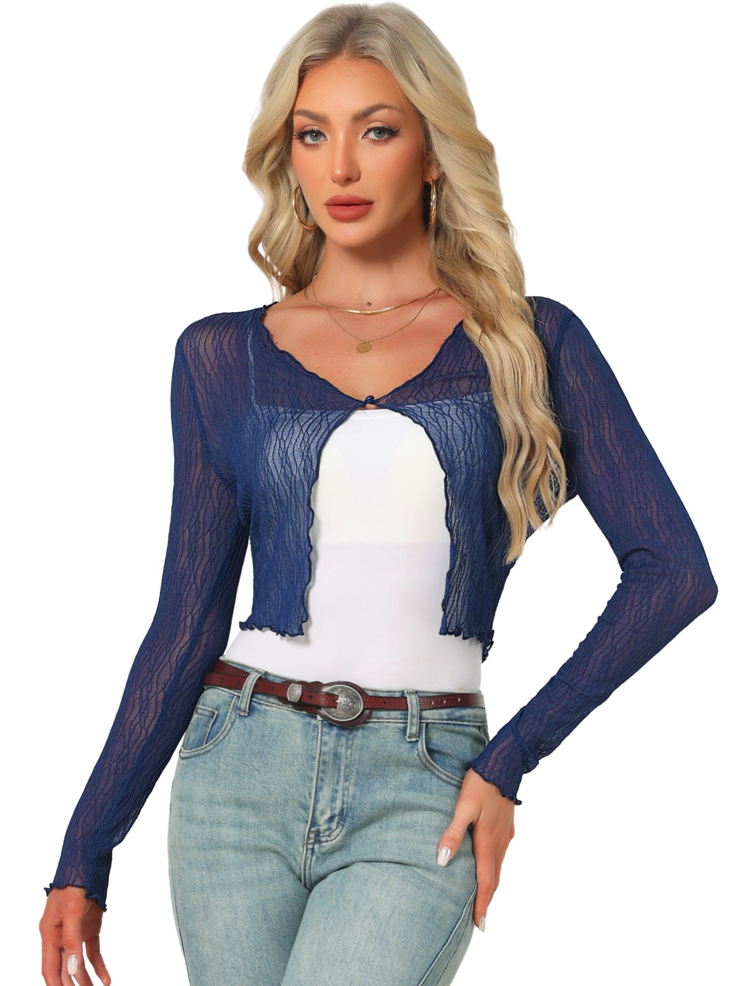 Long Sleeves Lightweight Sheer Textured Cropped Bolero Shrug