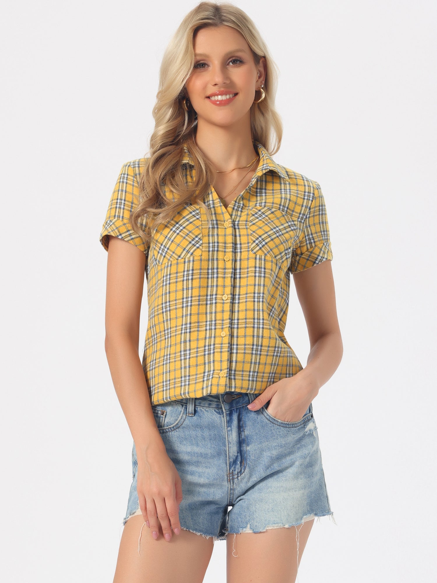 Cotton Classic Button Down Plaid Short Sleeve Shirt