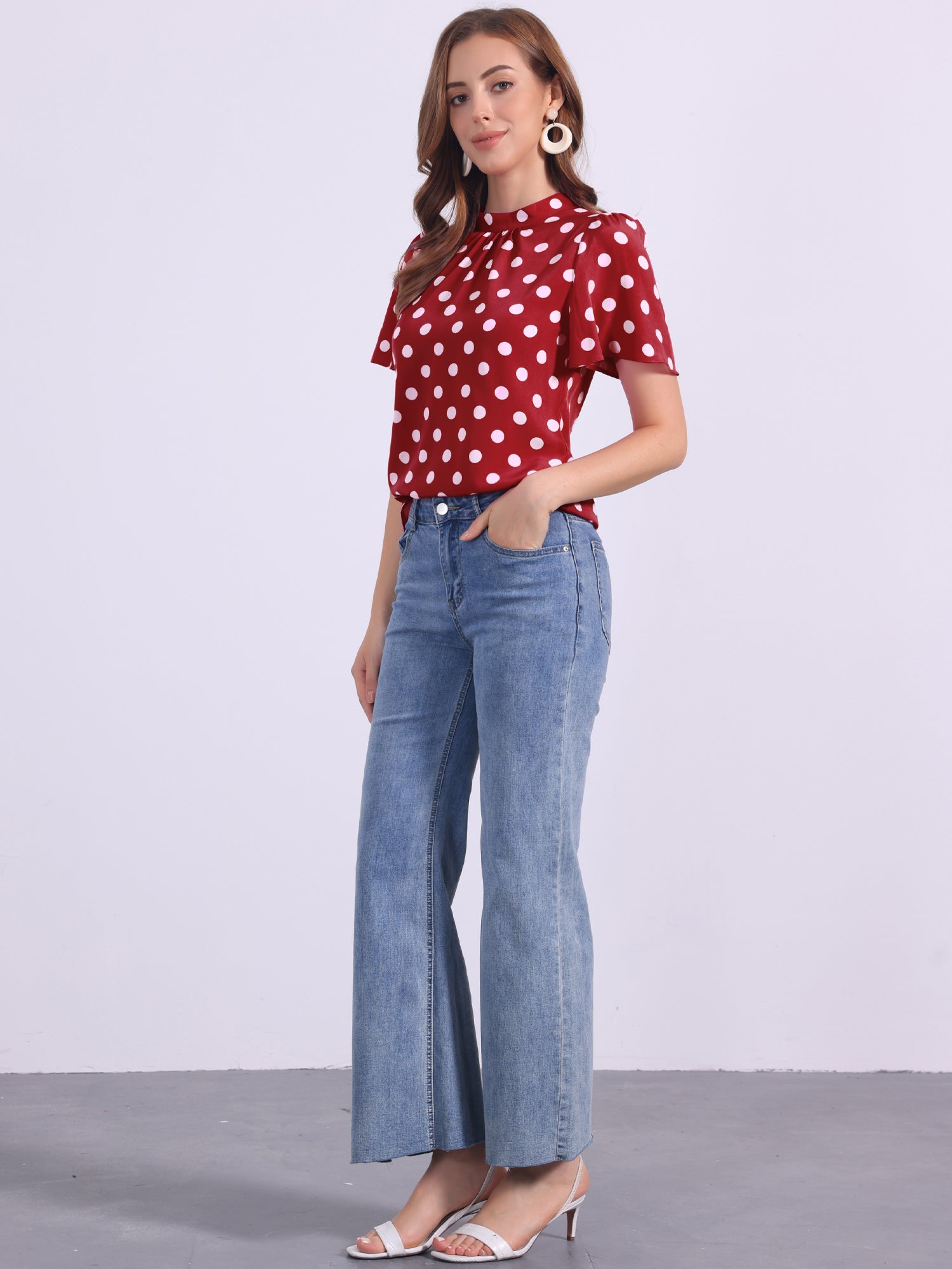 Polka Dots Stand Collar Pleat Keyhole Short Flare Sleeve Blouse