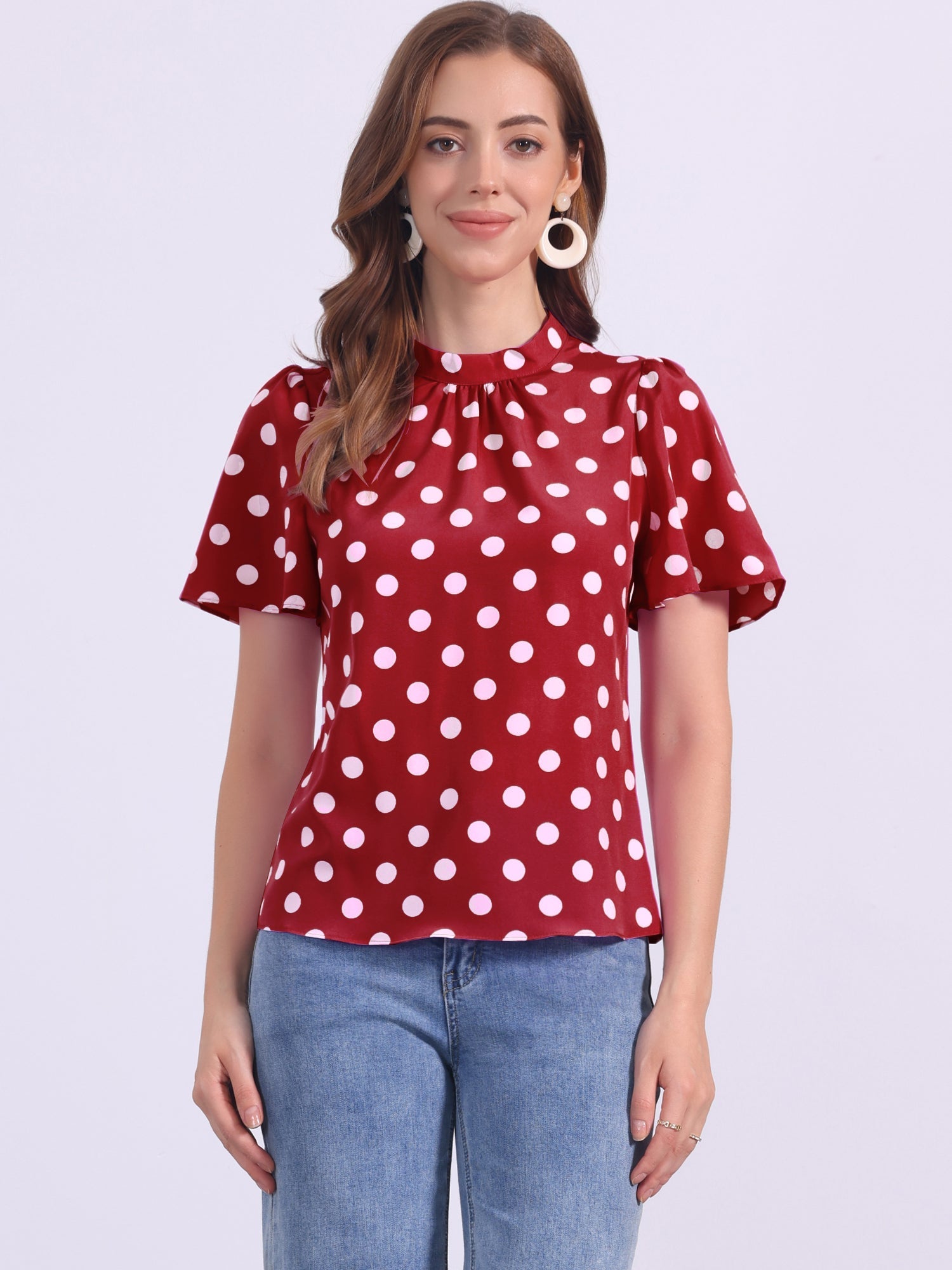 Polka Dots Stand Collar Pleat Keyhole Short Flare Sleeve Blouse