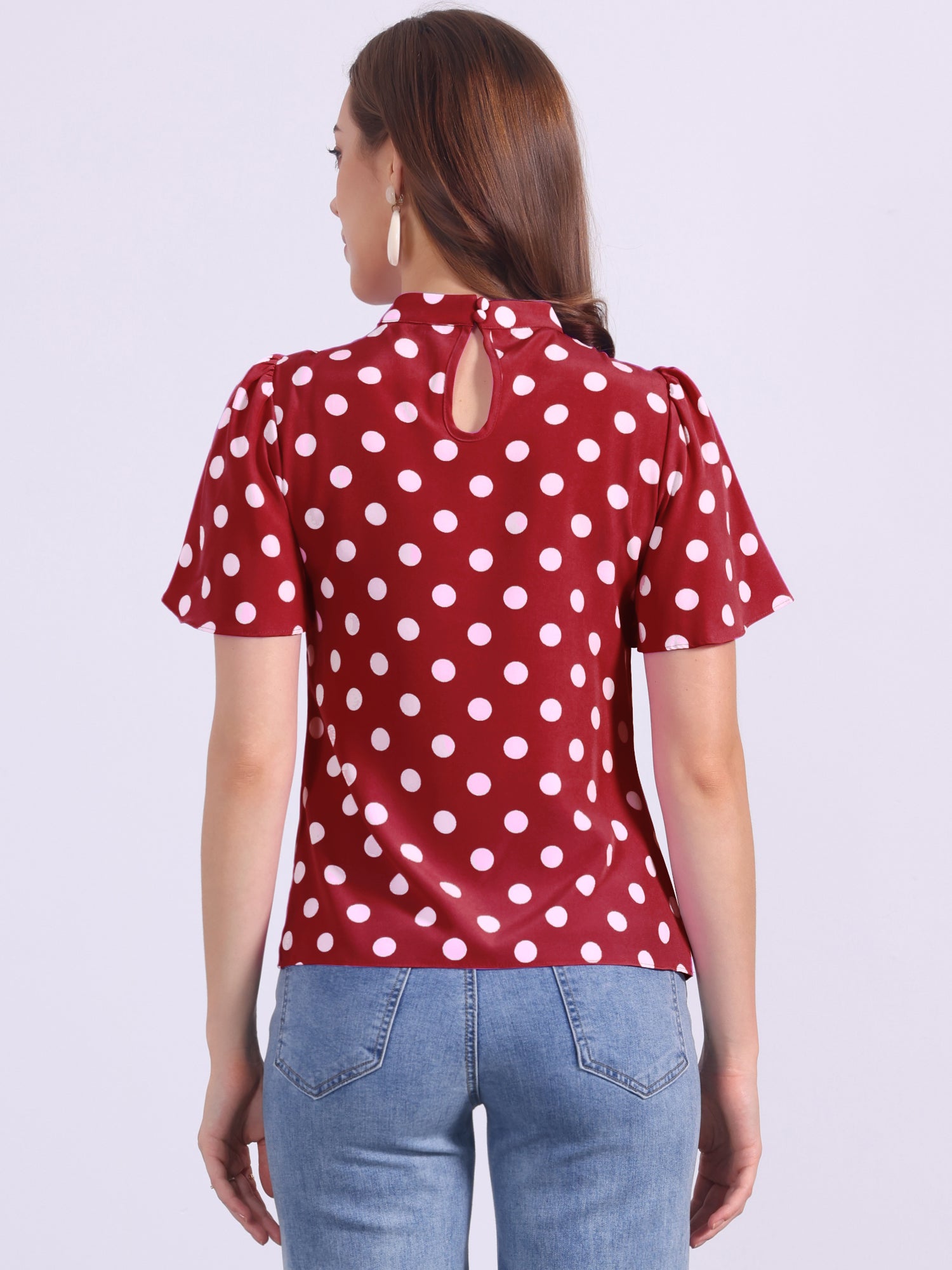 Polka Dots Stand Collar Pleat Keyhole Short Flare Sleeve Blouse