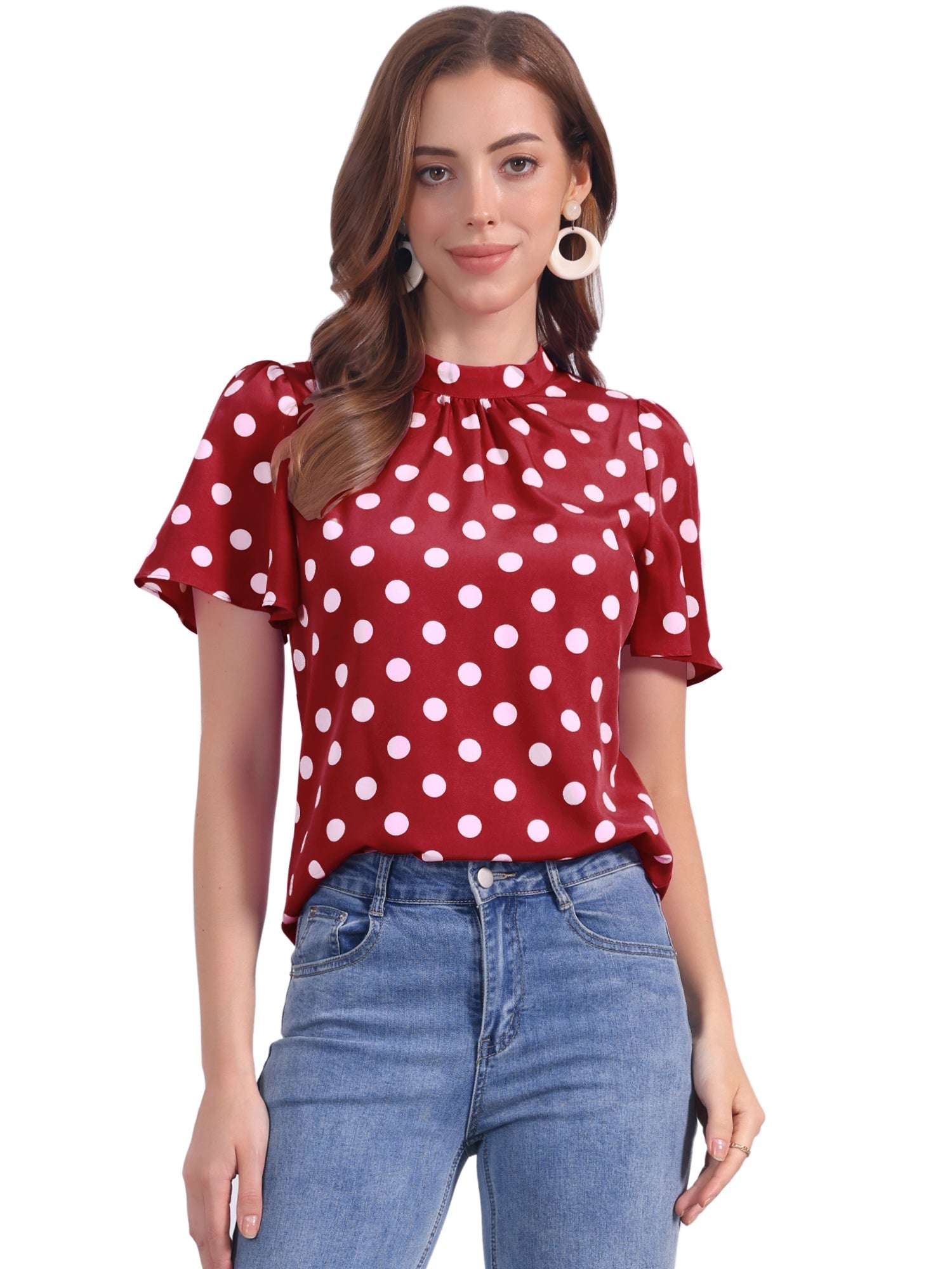 Polka Dots Stand Collar Pleat Keyhole Short Flare Sleeve Blouse