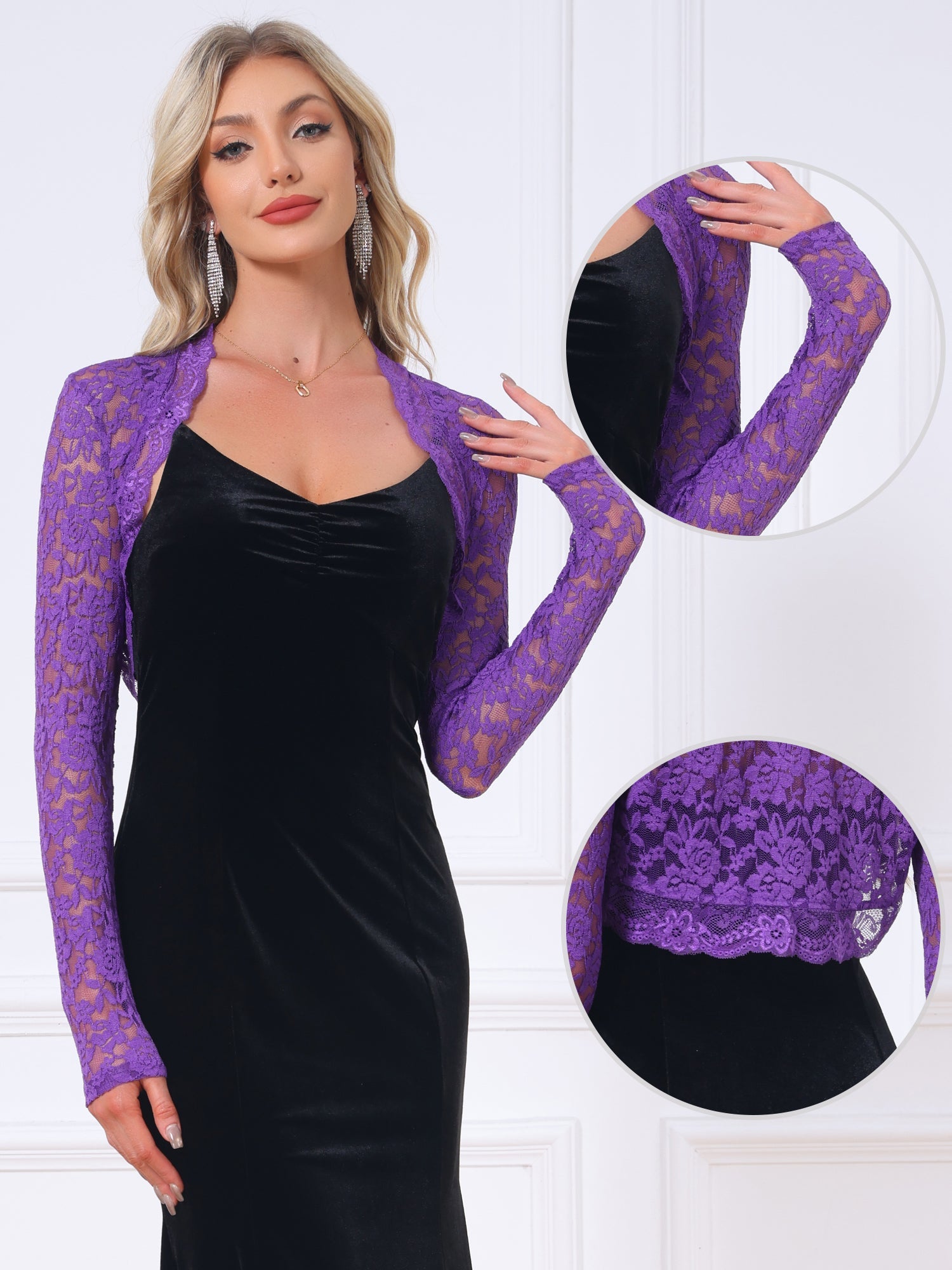 Floral Lace Long Sleeve Open Front Cropped Bolero Shrugs