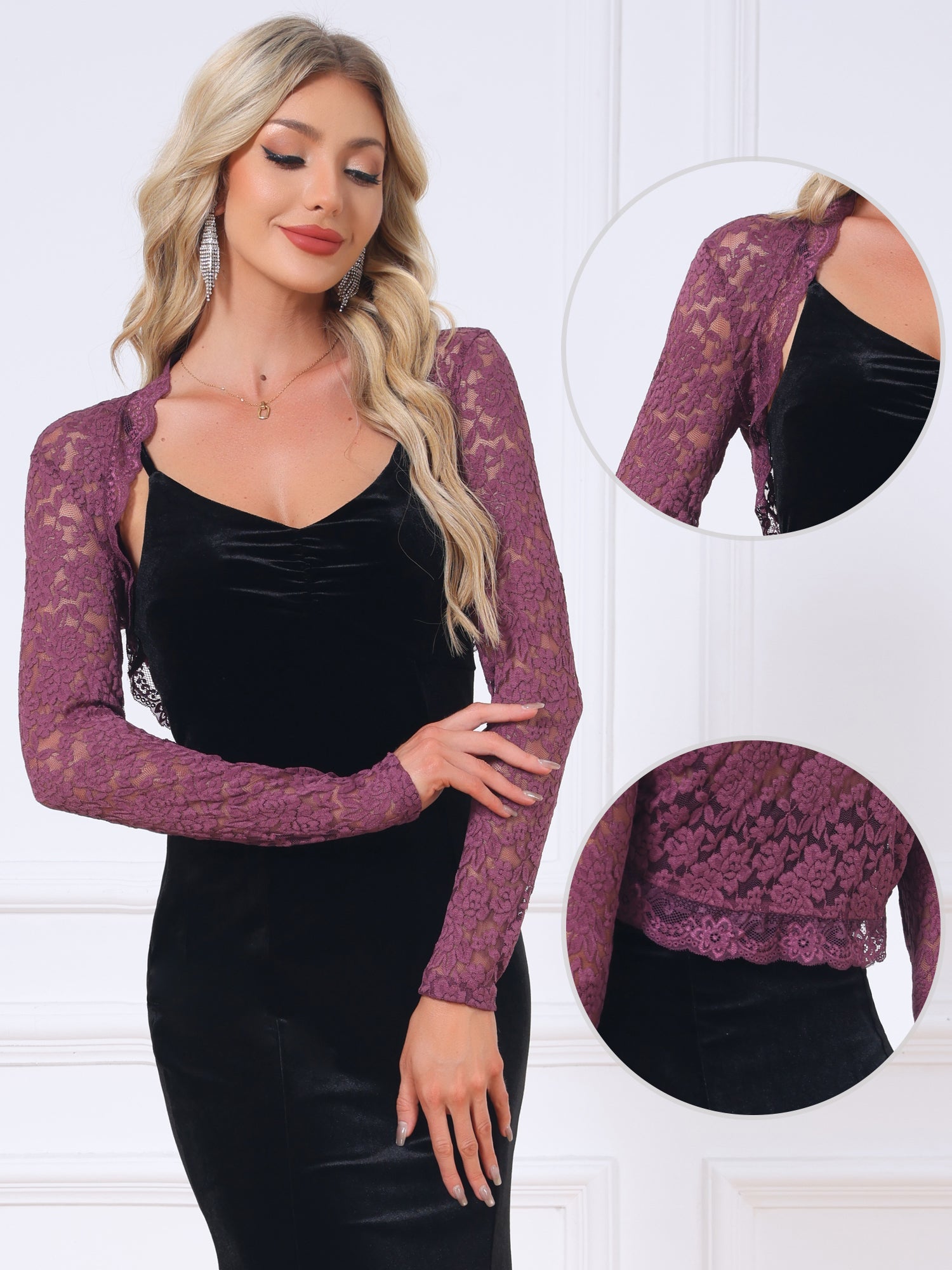 Floral Lace Long Sleeve Open Front Cropped Bolero Shrugs