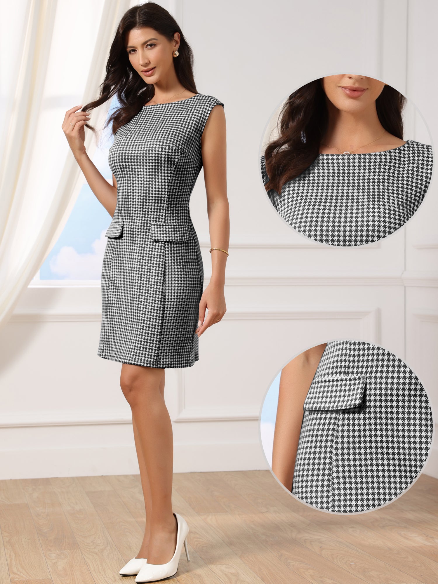 Sleeveless Boat Neck Vintage Houndstooth Work Dress