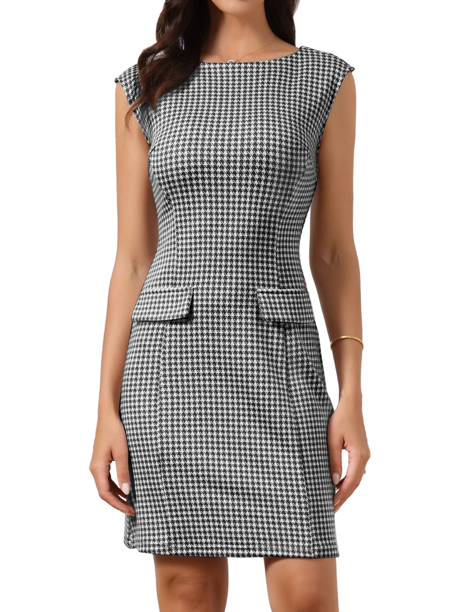 Sleeveless Boat Neck Vintage Houndstooth Work Dress