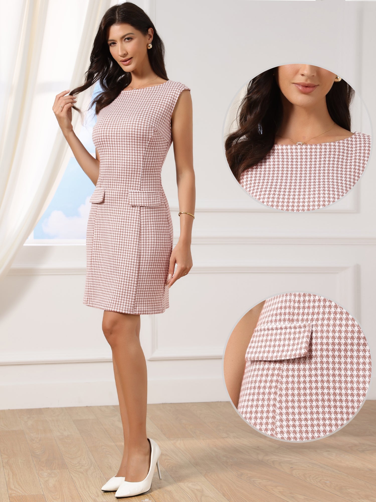 Sleeveless Boat Neck Vintage Houndstooth Work Dress