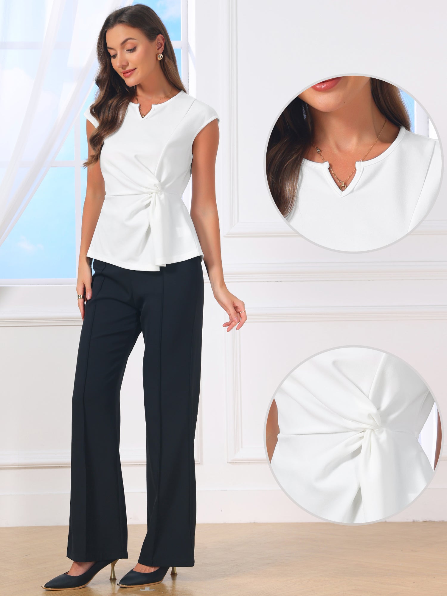 Cap Sleeve Ruched Twist Knot Work Office Blouse