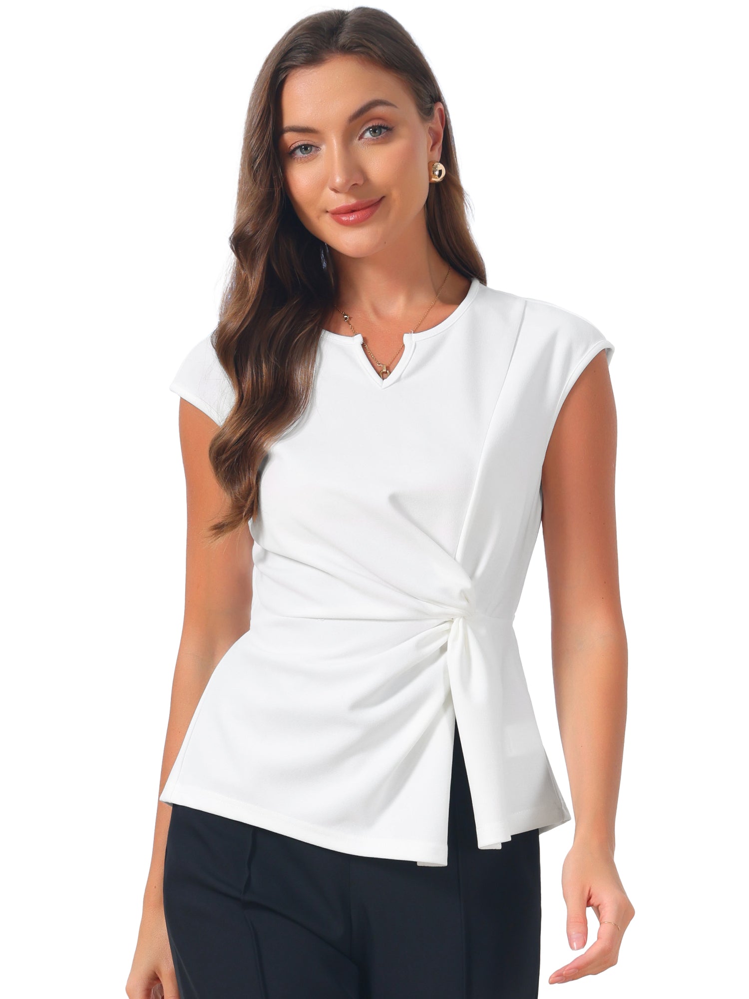 Cap Sleeve Ruched Twist Knot Work Office Blouse