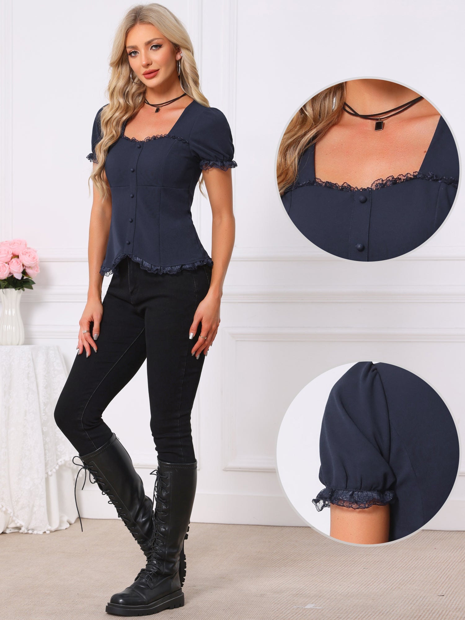 Sweetheart Neck Puff Short Sleeve Lace Up Gothic Blouse