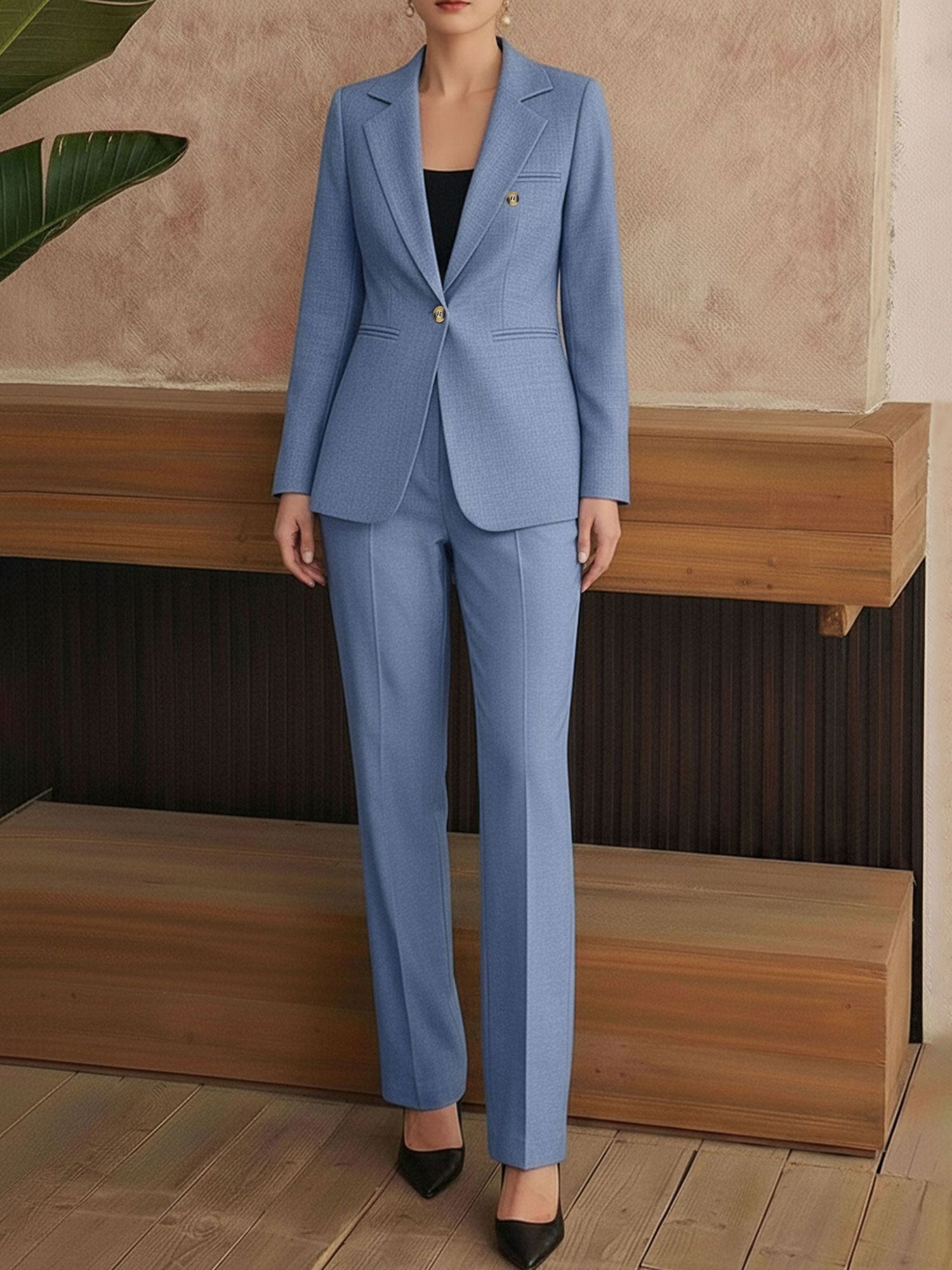 2 Pieces Notched Lapel One Button Lined Blazer & Straight Legs Trousers Pants Suit Set
