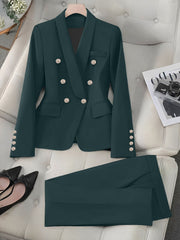 2 Pieces Shawl Collar Double Breasted Blazer & Straight Legs Trousers Pants Suit Set