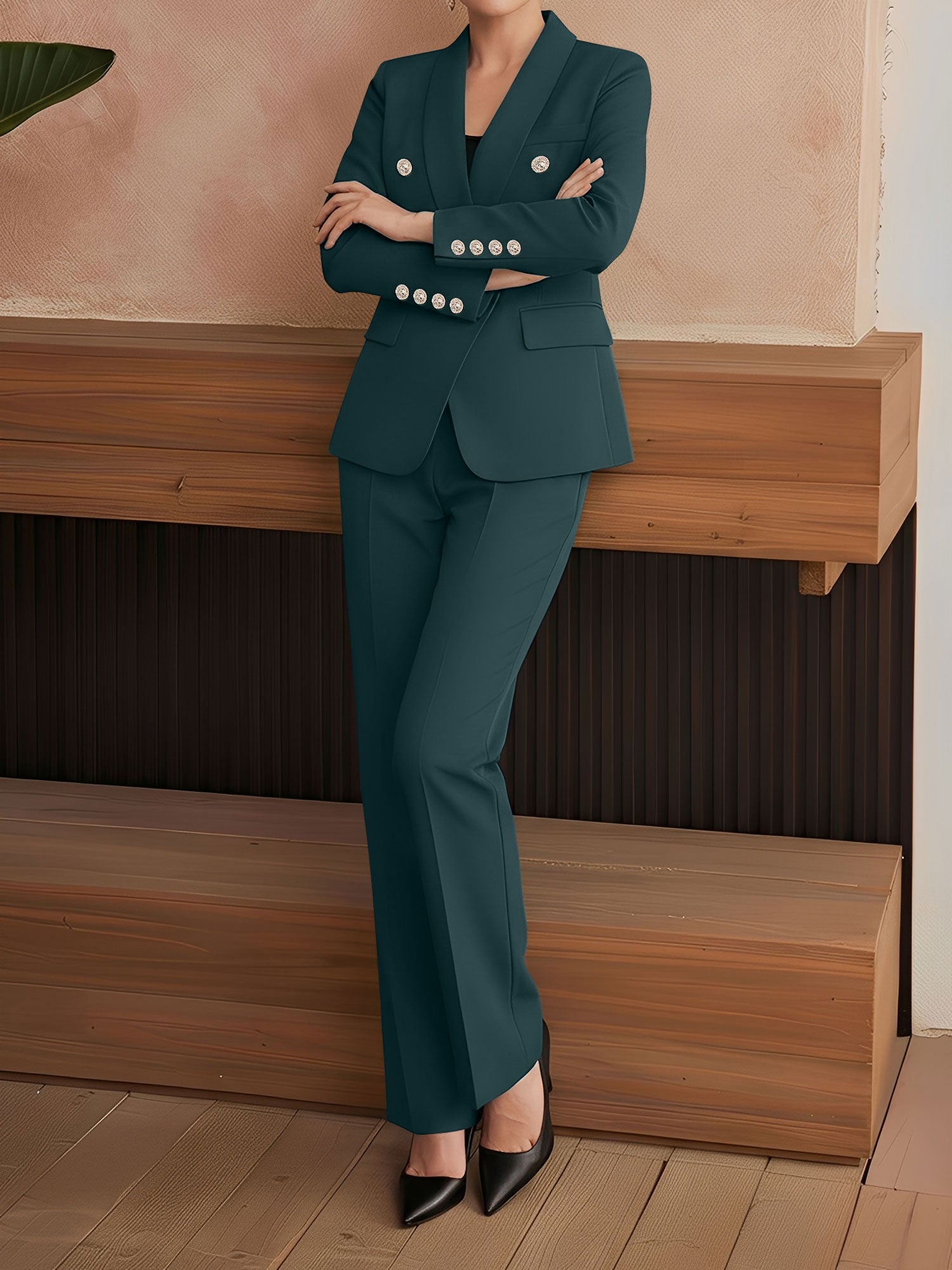 2 Pieces Shawl Collar Double Breasted Blazer & Straight Legs Trousers Pants Suit Set