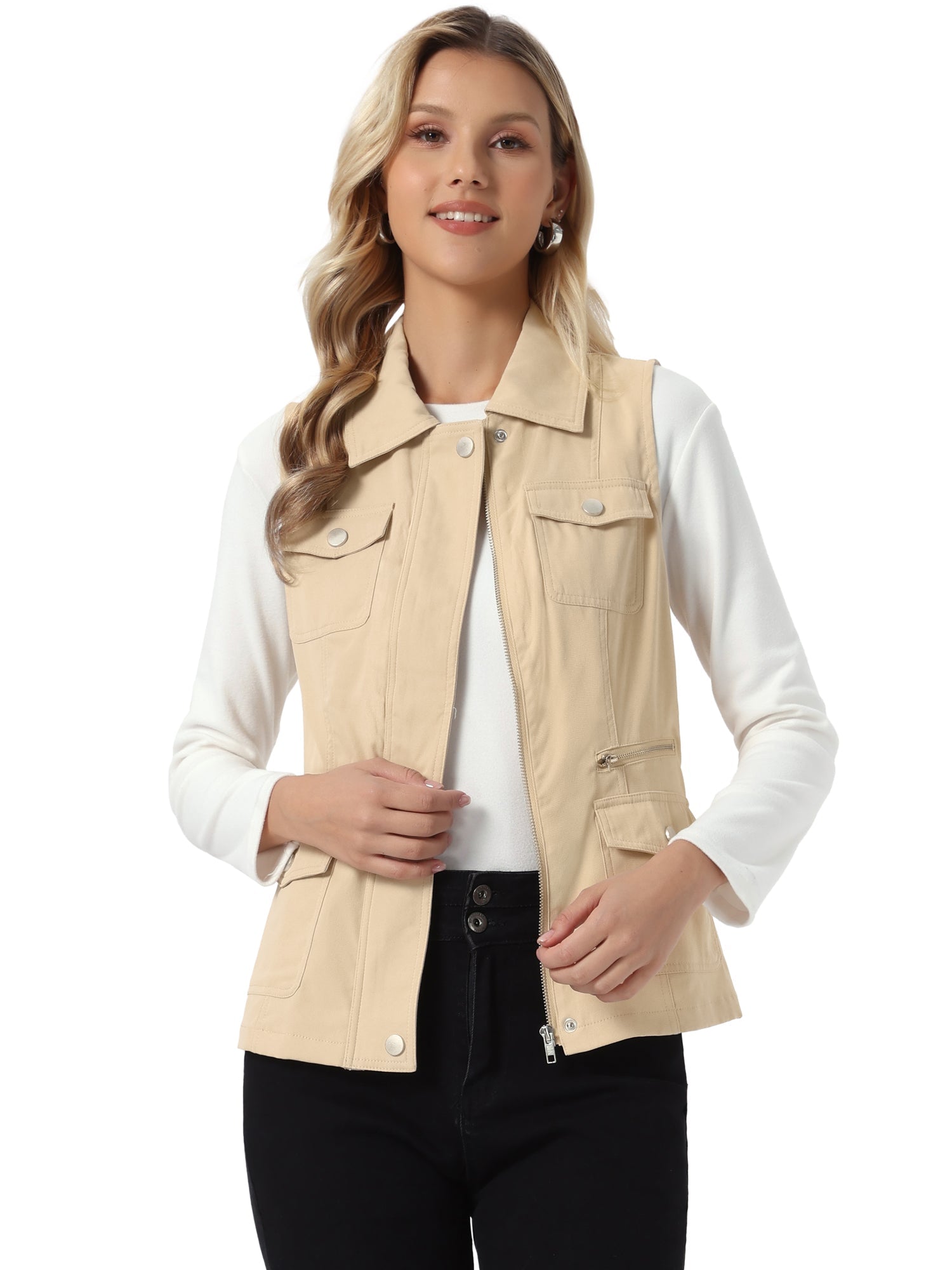 Zip Up Pockets Sleeveless Cargo Jacket Utility Vest