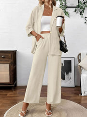 2 Pieces Solid Color 3/4 Sleeves Blazer & Straight Legs Trousers Pants Matching Set