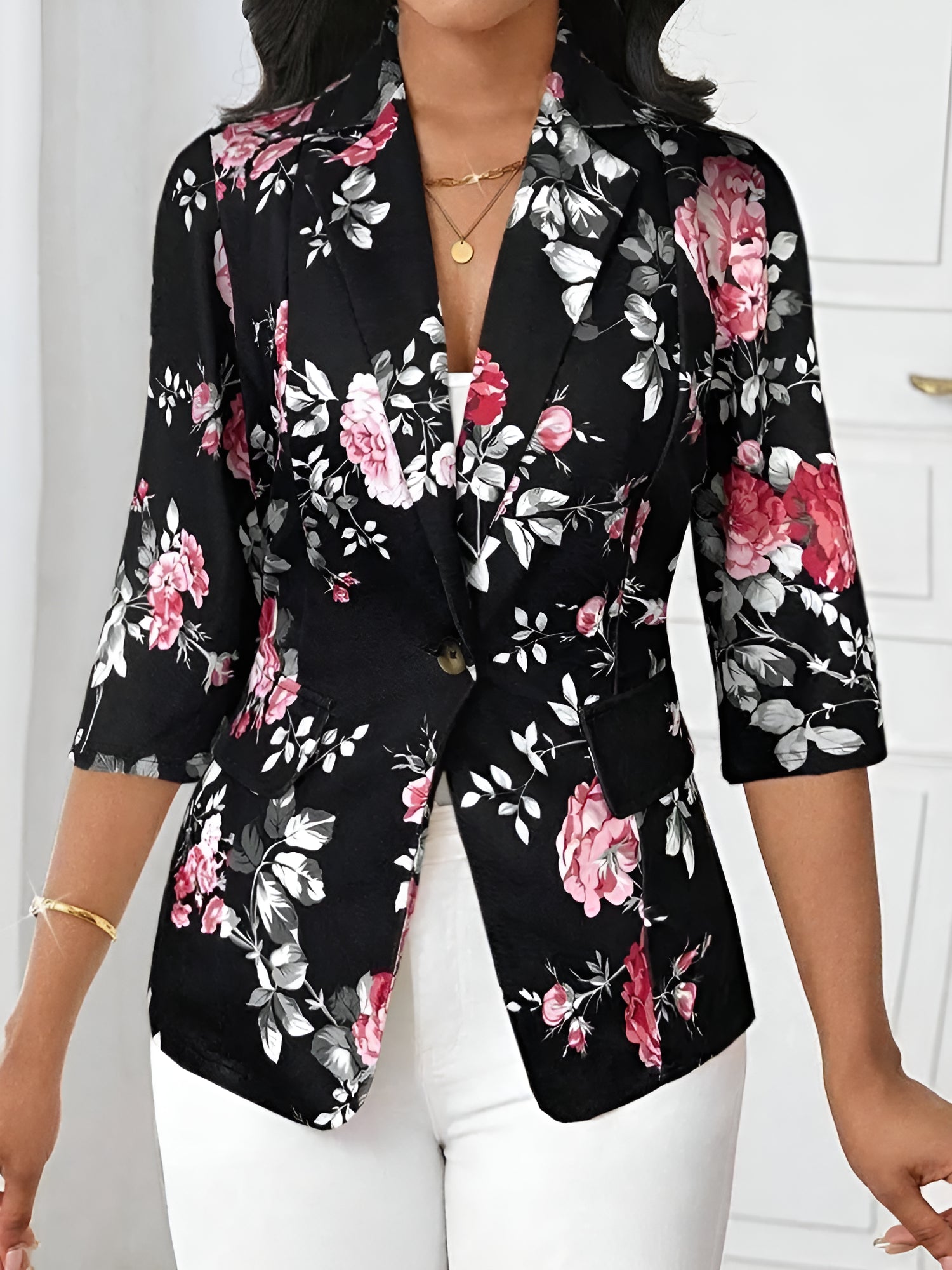 3/4 Sleeve Floral Notched Lapel Blazer