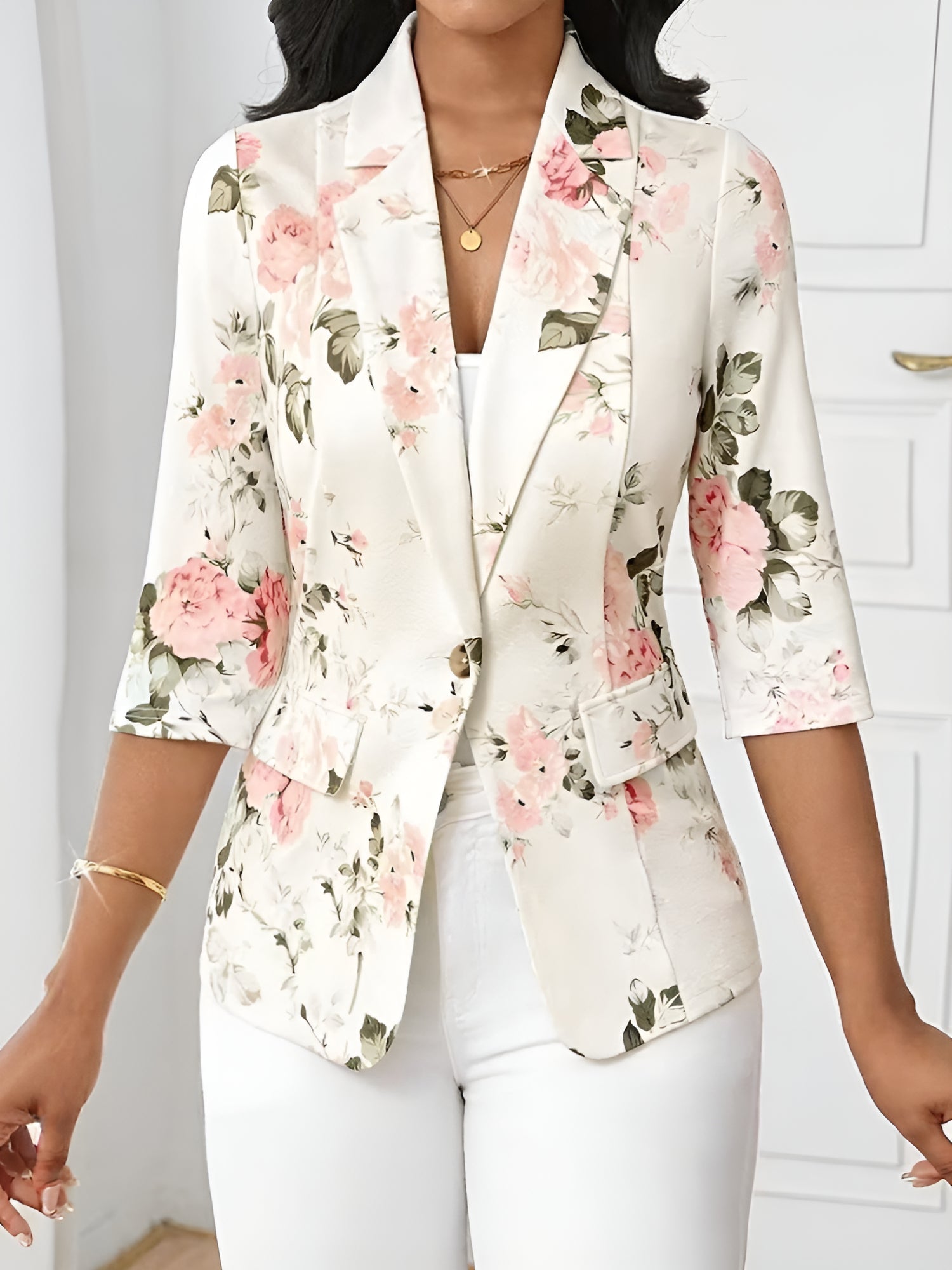 3/4 Sleeve Floral Notched Lapel Blazer
