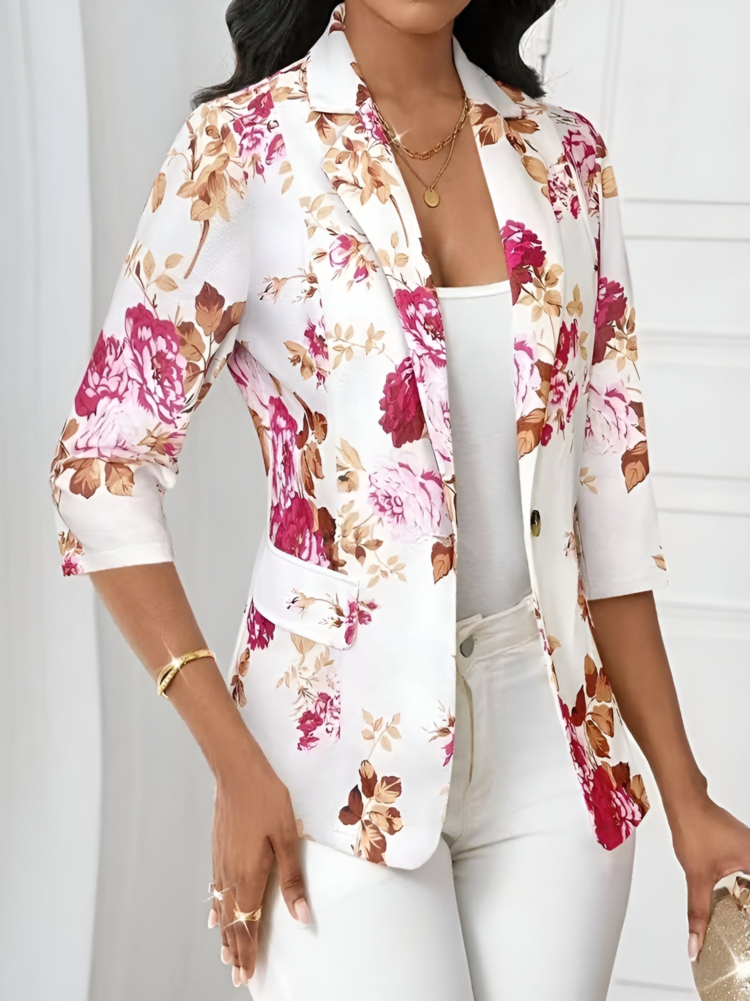 3/4 Sleeve Floral Notched Lapel Blazer