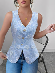 Floral Textured Sleeveless V Neck Casual Vest