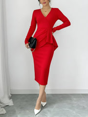 Pleated V Neck Long Sleeves Bodycon Midi Dress