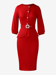 3/4 Puff Sleeves Belted Midi Pleated Sheath Dress