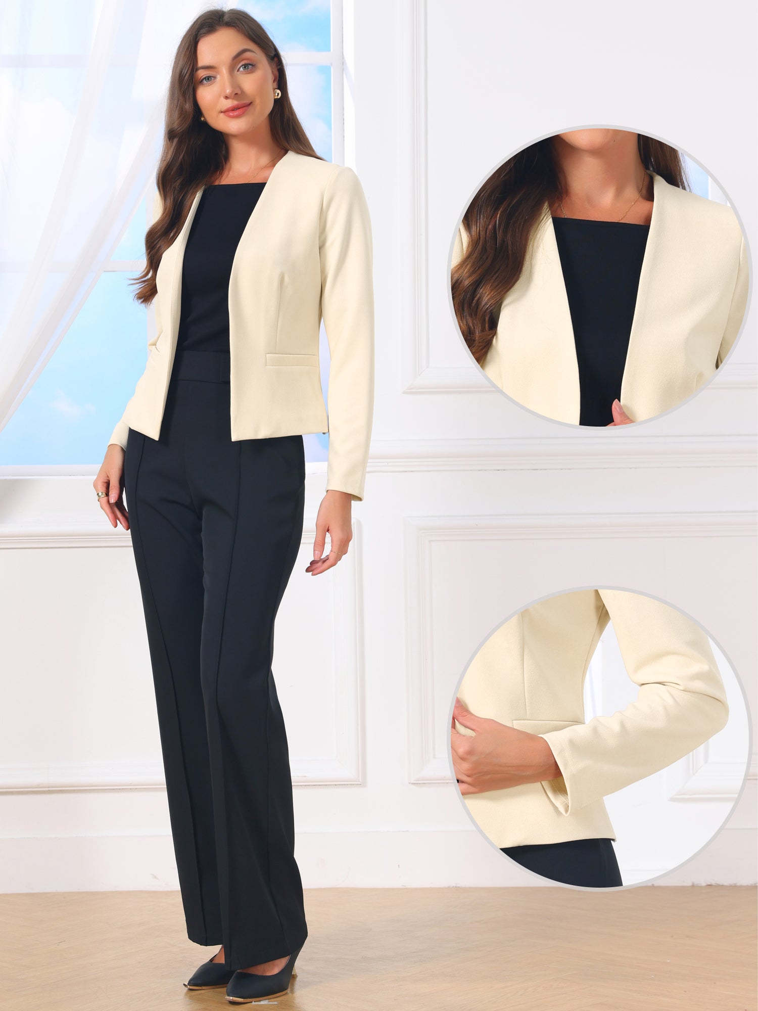 Work Office Long Sleeve Open Front Collarless Blazer