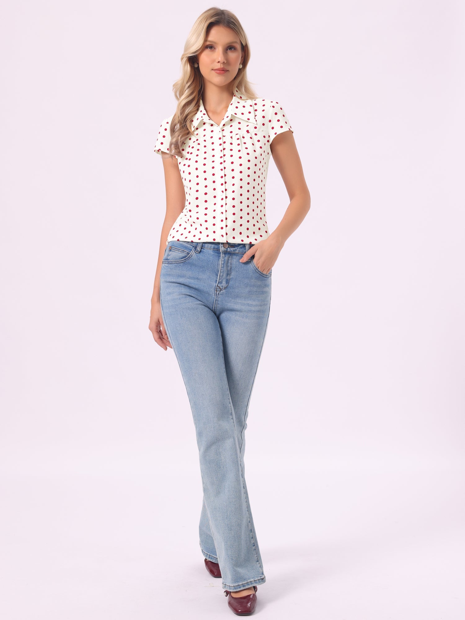 Short Sleeve Tops Vintage Polka Dots Button Up Shirt