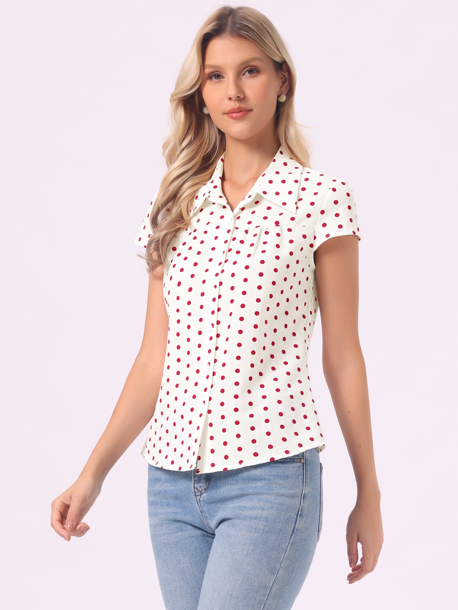 Short Sleeve Tops Vintage Polka Dots Button Up Shirt