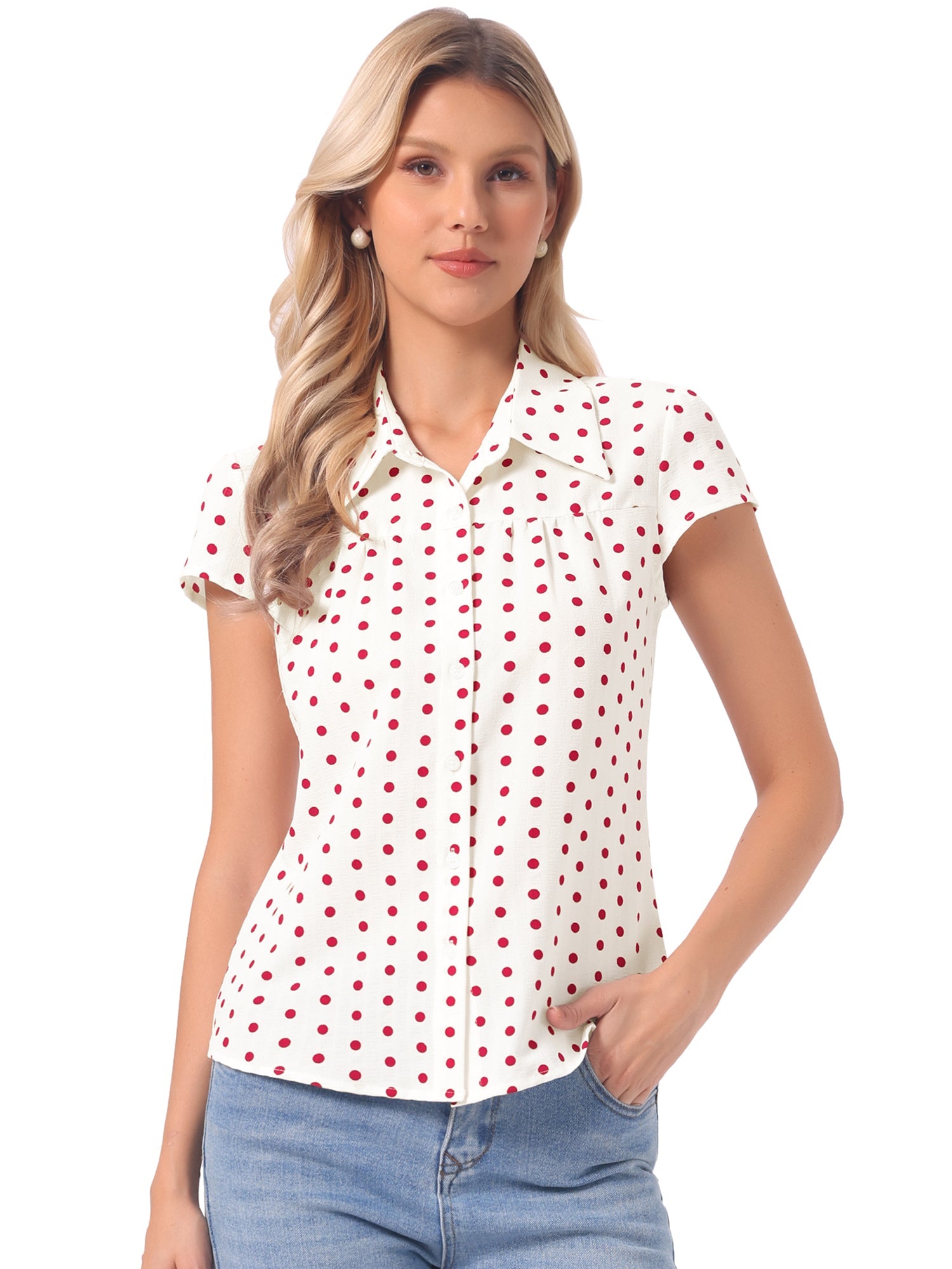 Short Sleeve Tops Vintage Polka Dots Button Up Shirt