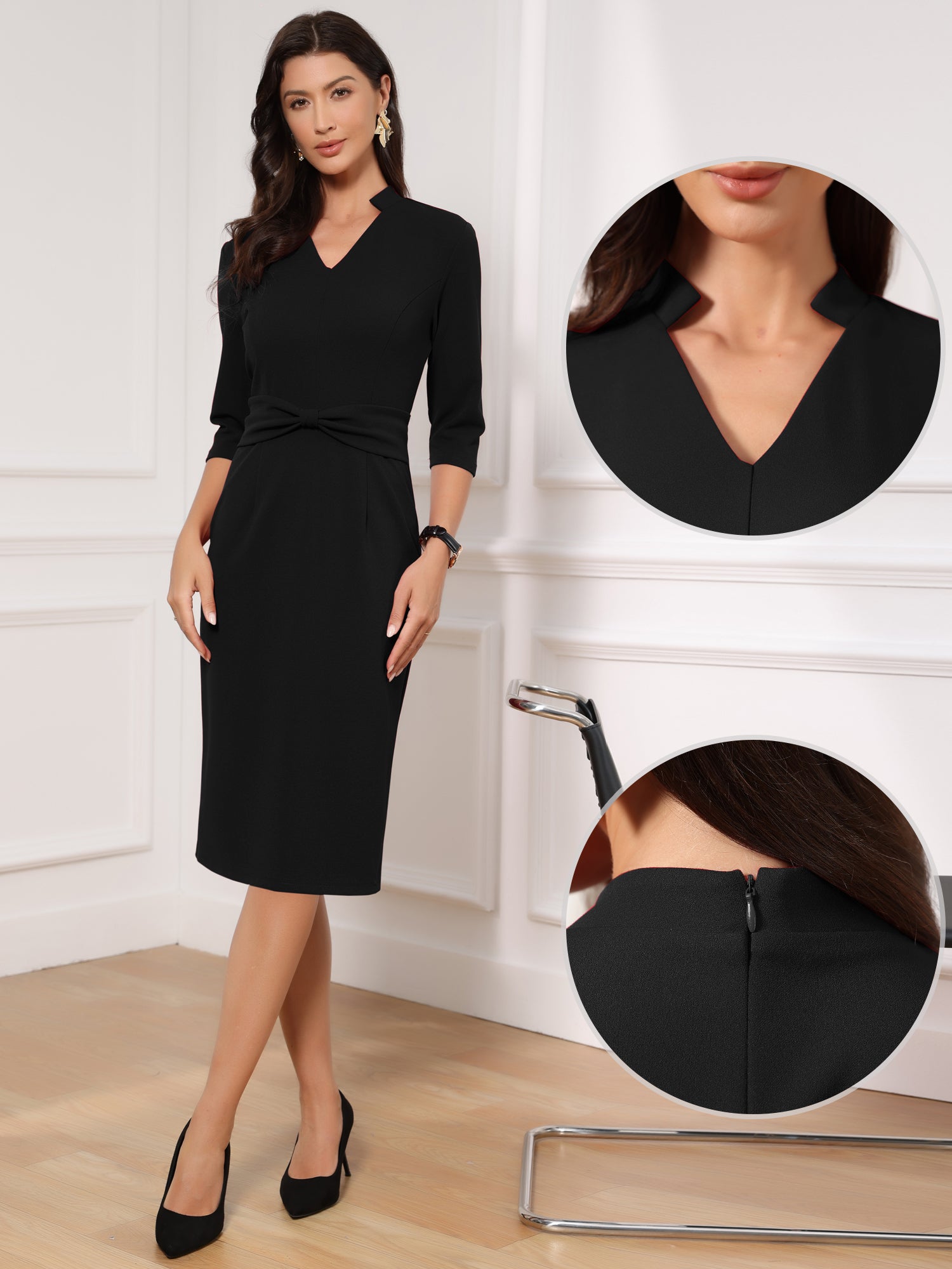 3/4 Sleeve Collared V Neck Business Office Sheath Dress