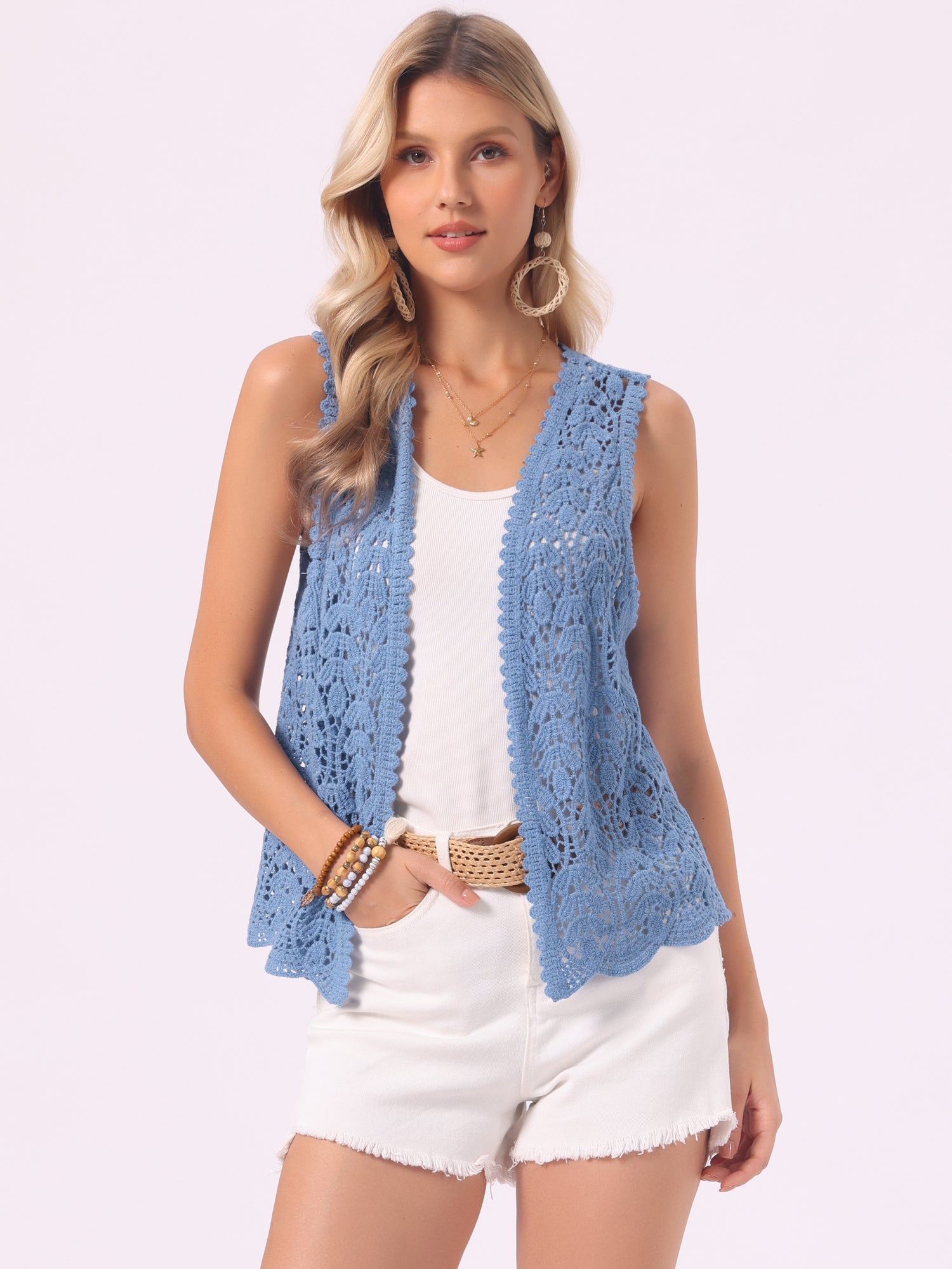 Floral Crochet Hollow Out Sleeveless Open Front Boho Vest Cardigan