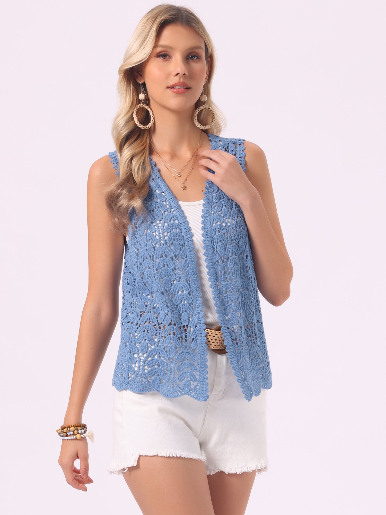 Floral Crochet Hollow Out Sleeveless Open Front Boho Vest Cardigan
