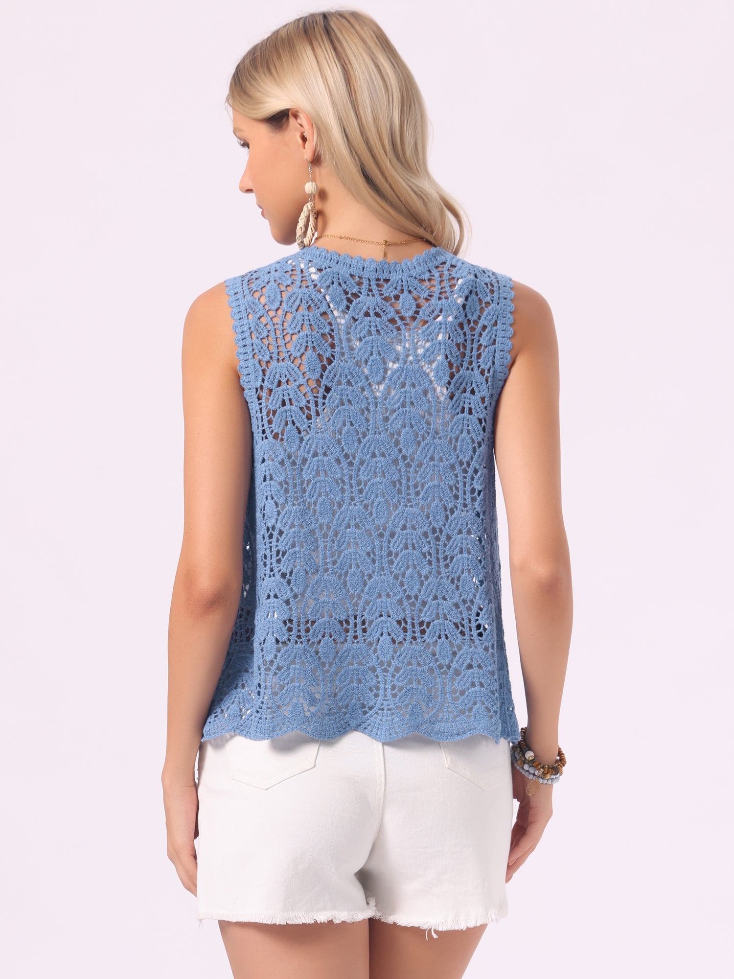 Floral Crochet Hollow Out Sleeveless Open Front Boho Vest Cardigan