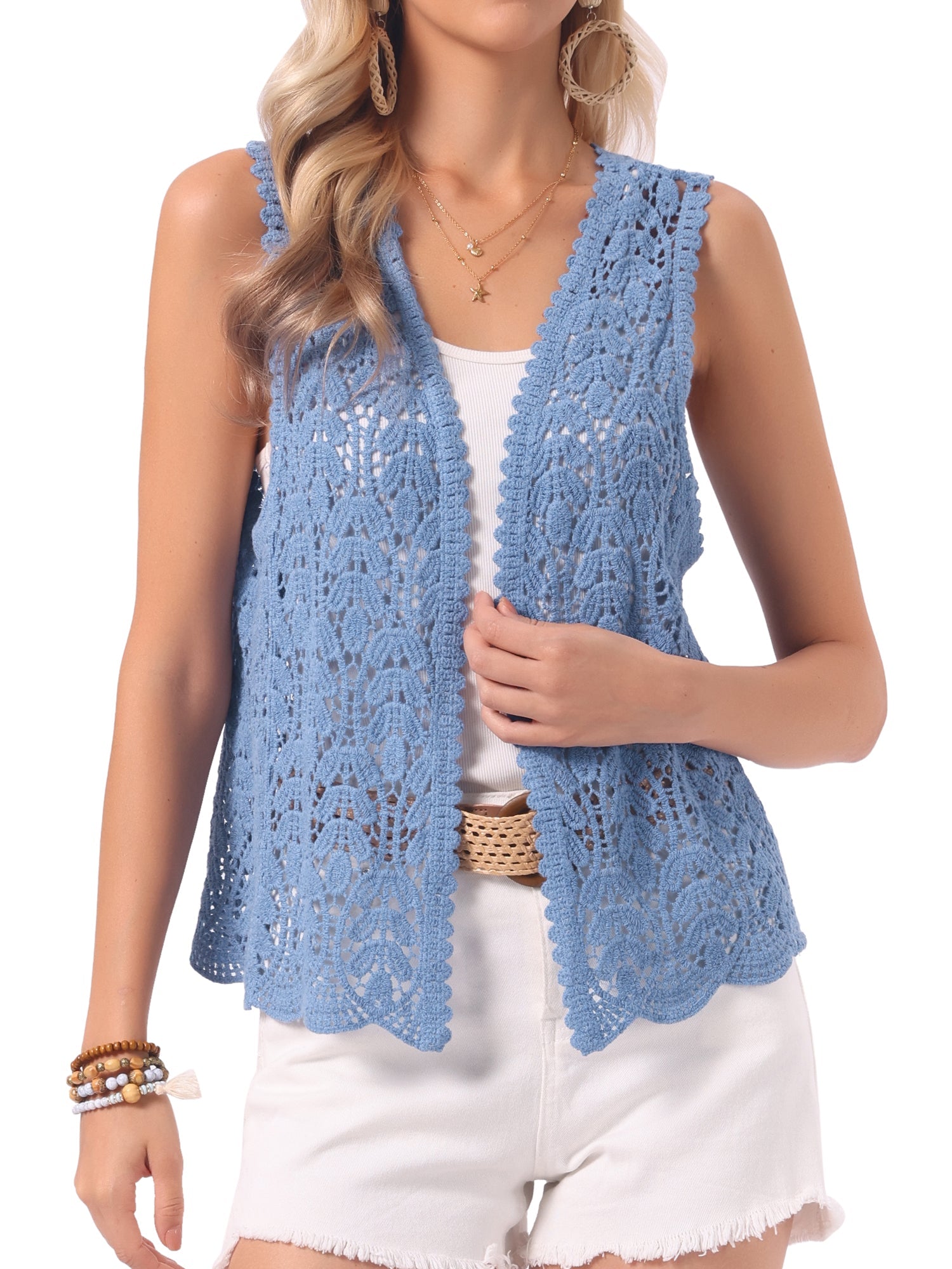 Floral Crochet Hollow Out Sleeveless Open Front Boho Vest Cardigan