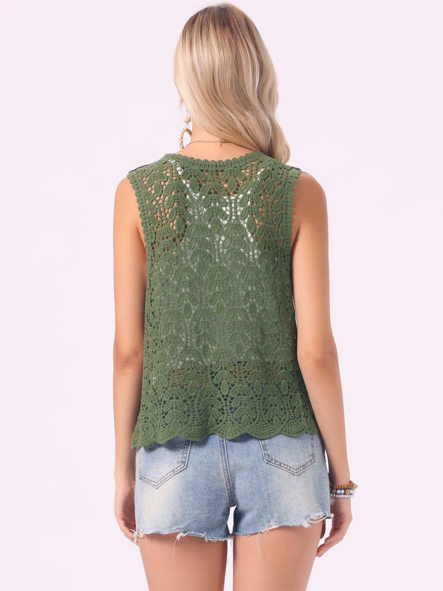 Floral Crochet Hollow Out Sleeveless Open Front Boho Vest Cardigan
